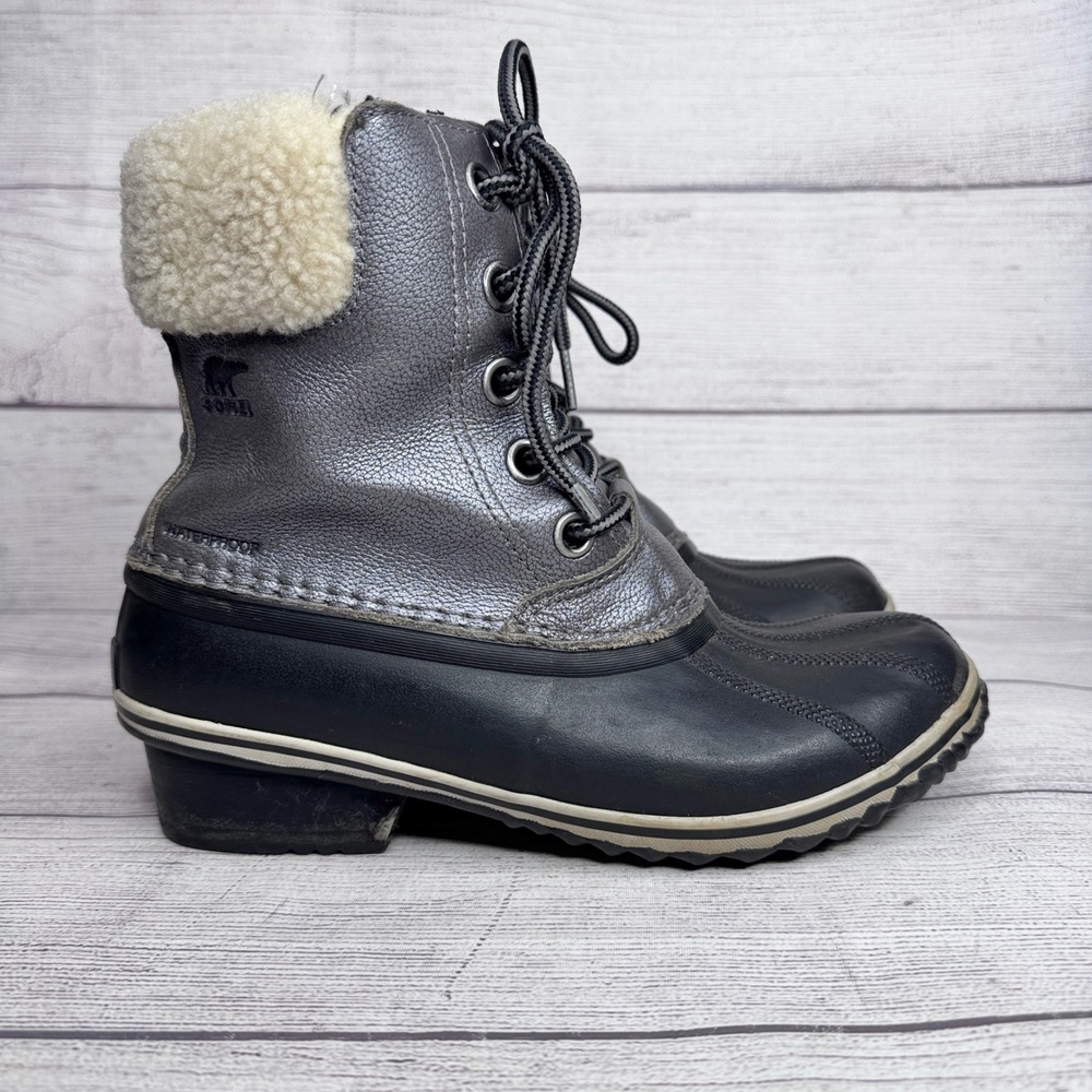 Sorel Slimpack II Lace‎ Waterproof Duck Boots Metallic Silver Black size 7.5